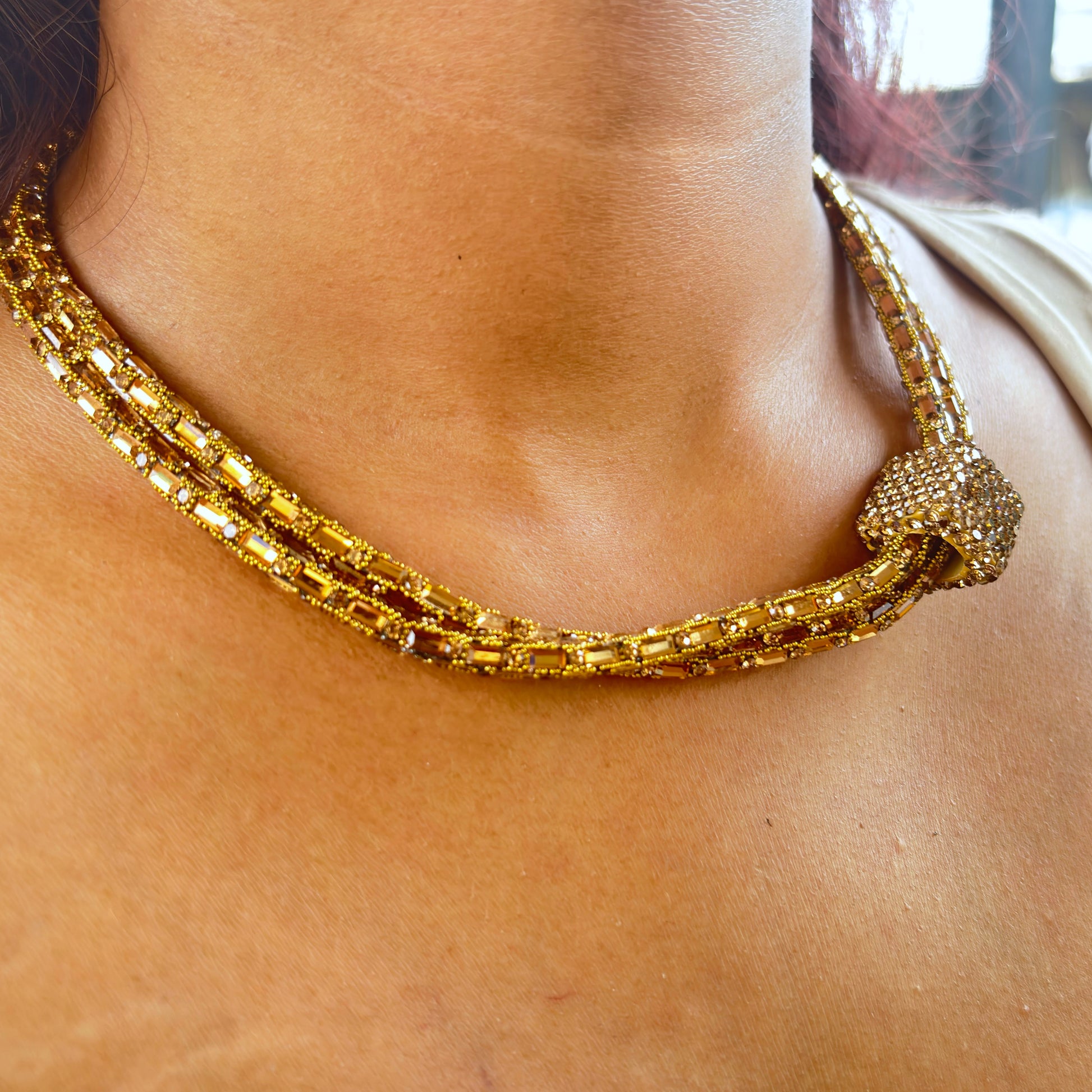 Dazzling Gold Tone Square Pendant Multi-Strand Necklace