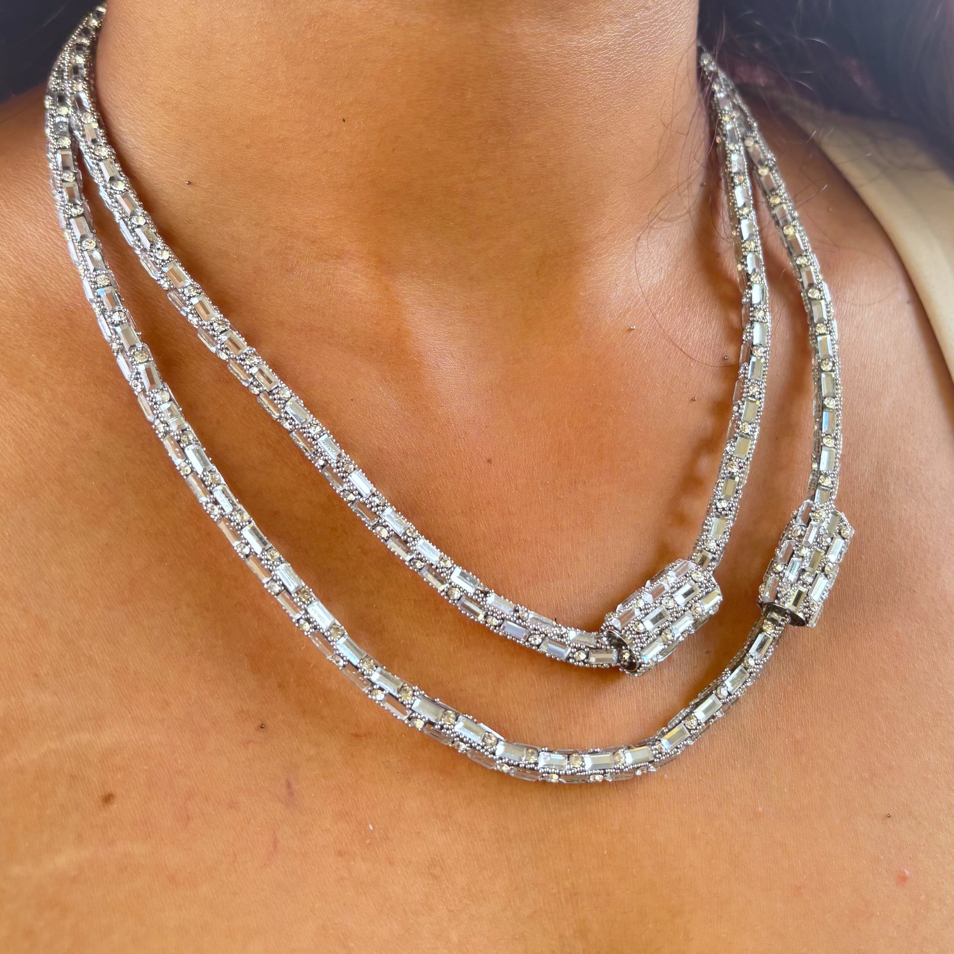 Radiant Silver Tone Layered Crystal Necklace
