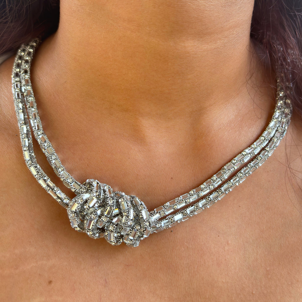 Shimmering Silver Tone Knotted Multi-Strand Choker Necklace