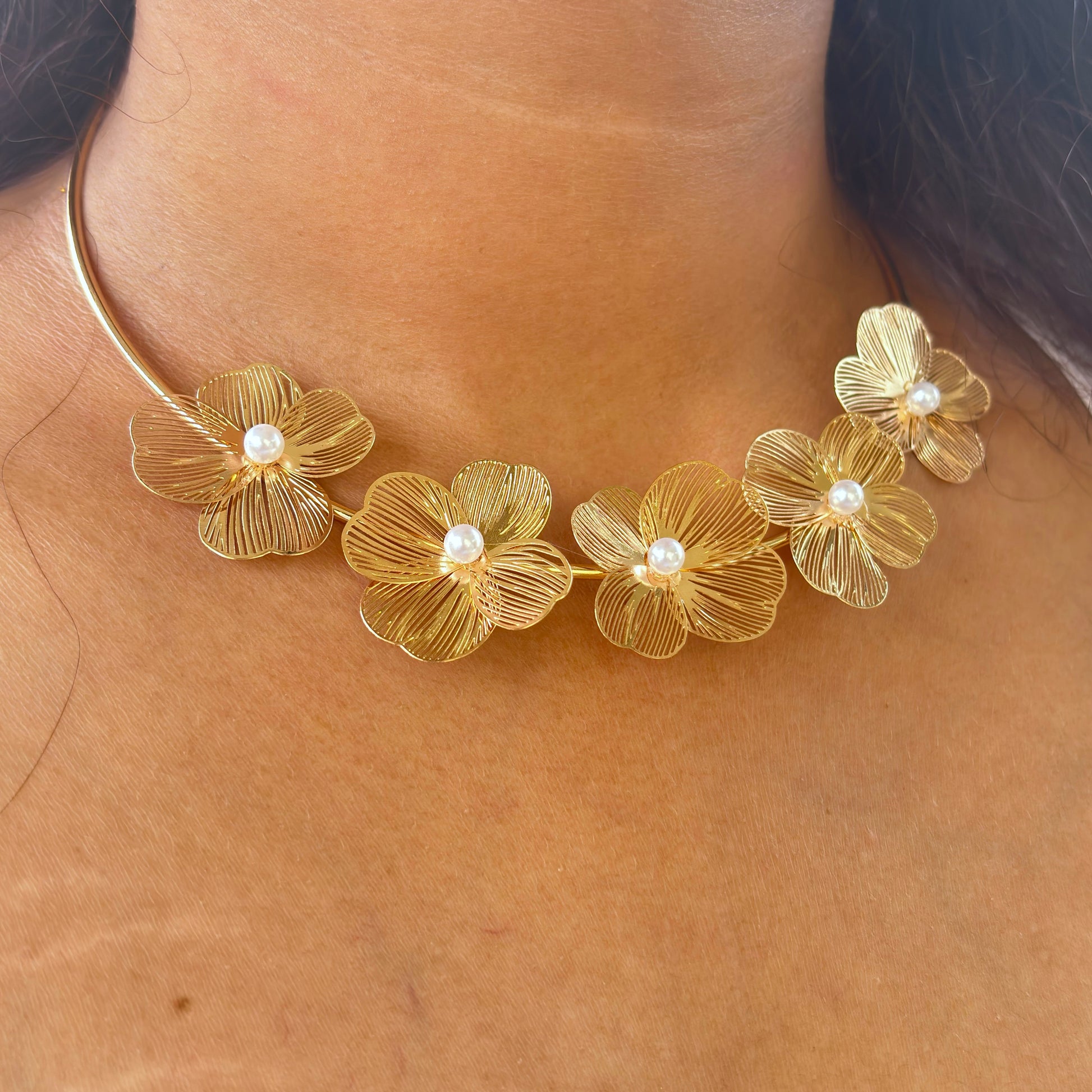 Golden Floral Choker Necklace with Pearl Accents