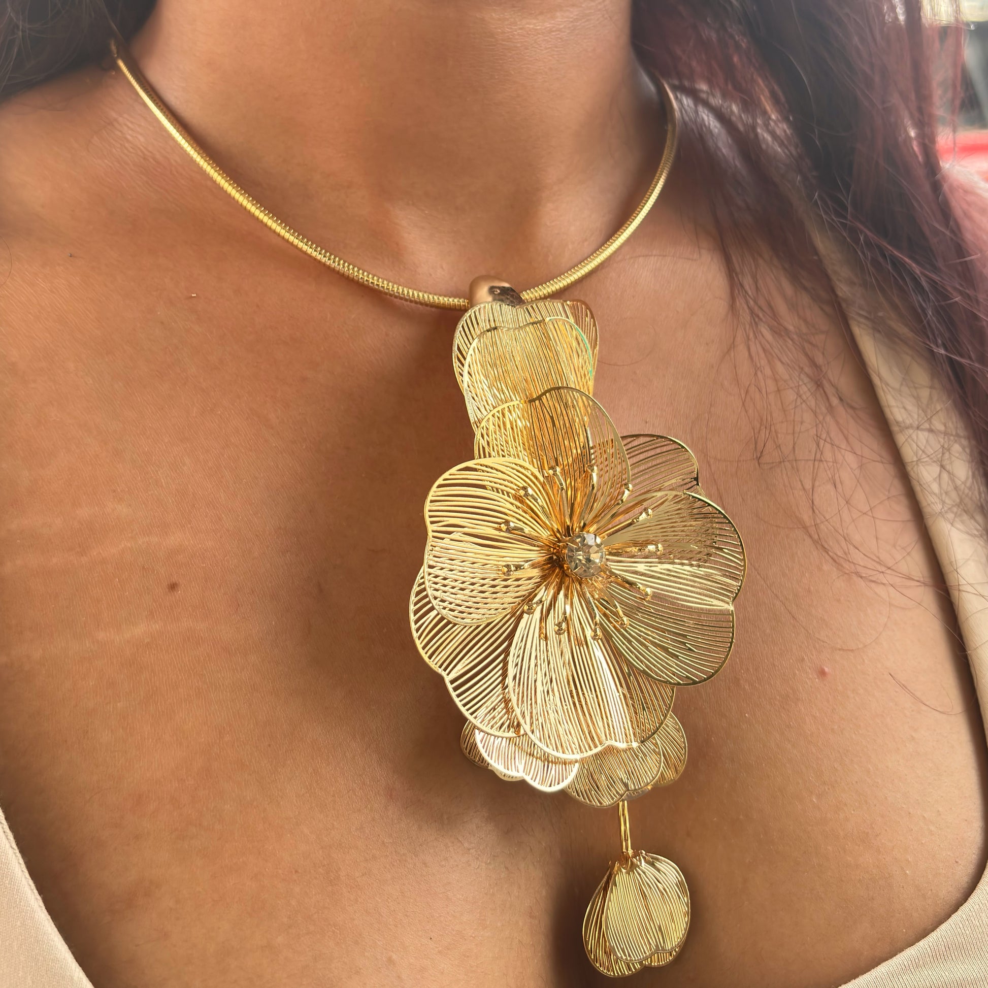 Statement Gold Tone Layered Floral Pendant Necklace