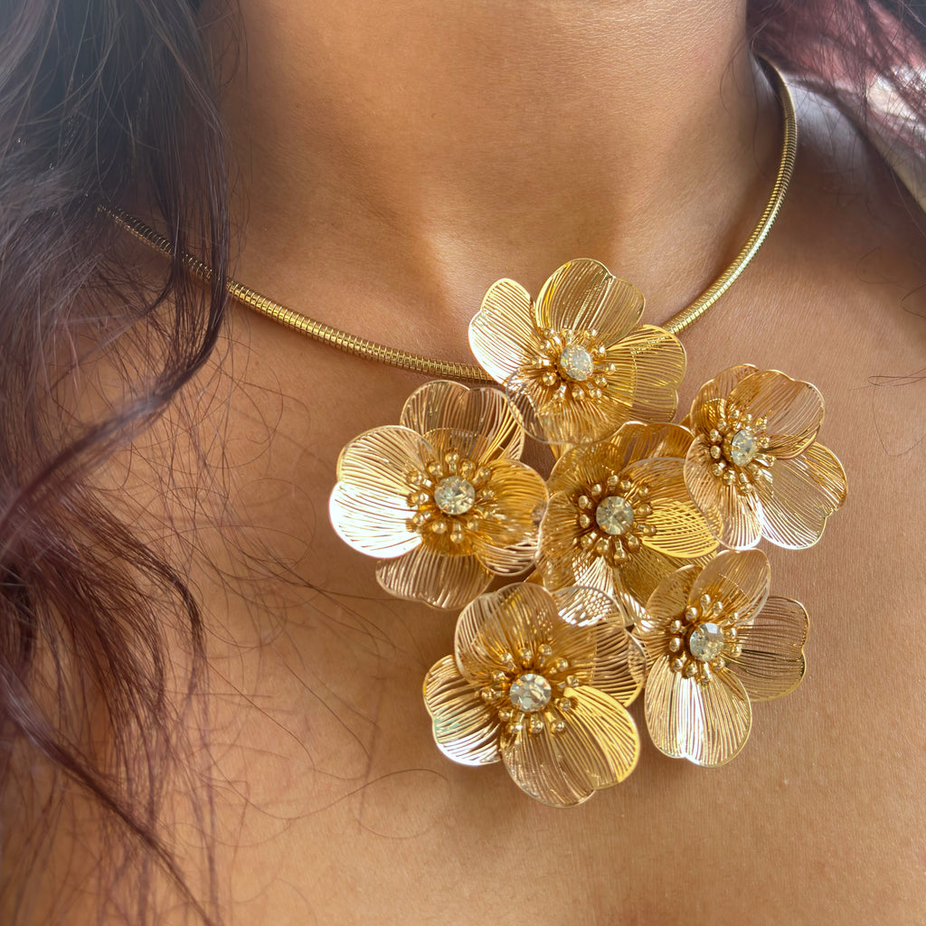Dazzling Golden Floral Choker with Crystals Centres