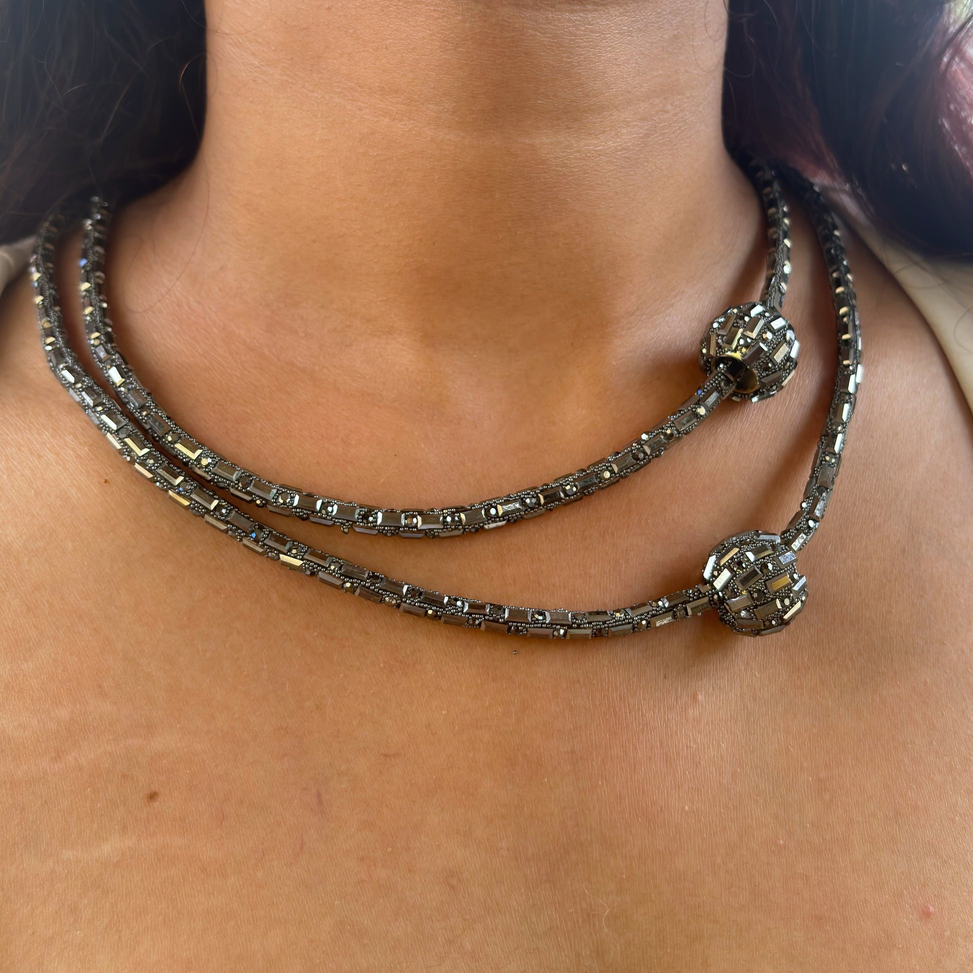 Elegant Multi-Strand Gunmetal Crystal Ball Necklace