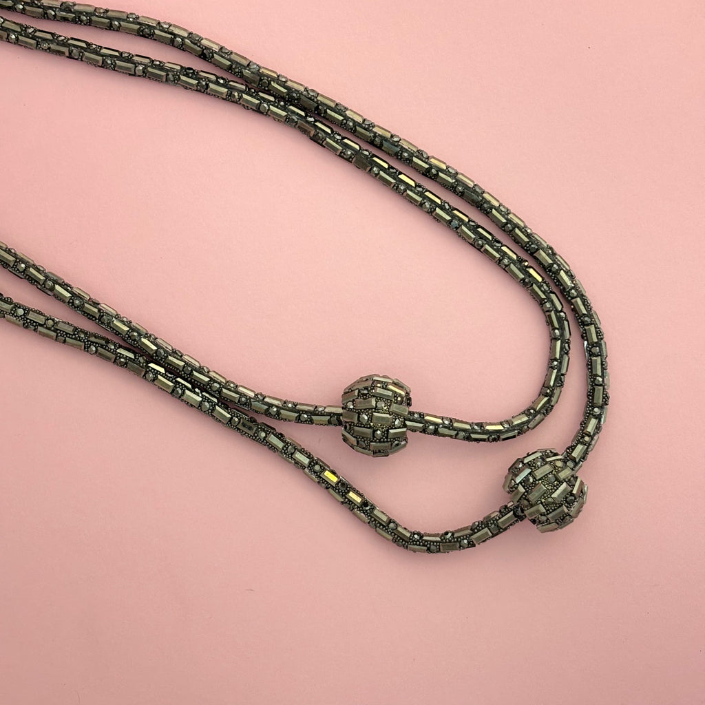 Elegant Multi-Strand Gunmetal Crystal Ball Necklace