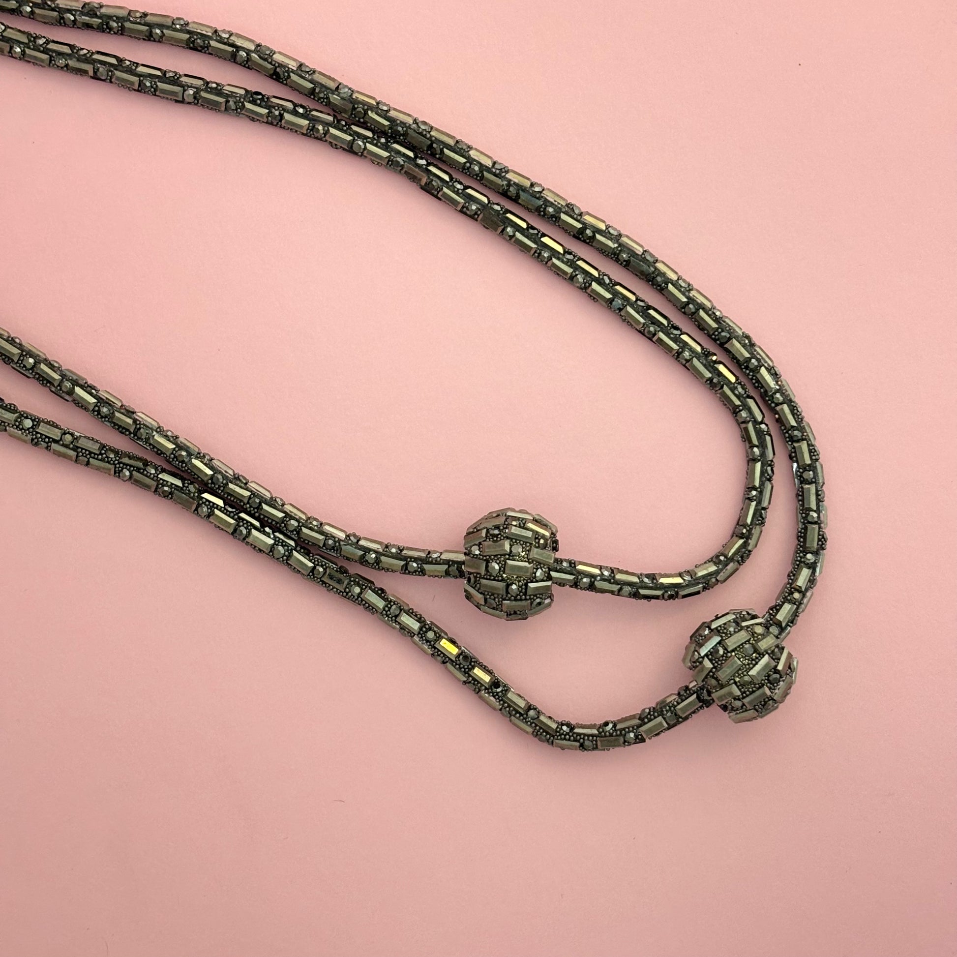 Elegant Multi-Strand Gunmetal Crystal Ball Necklace
