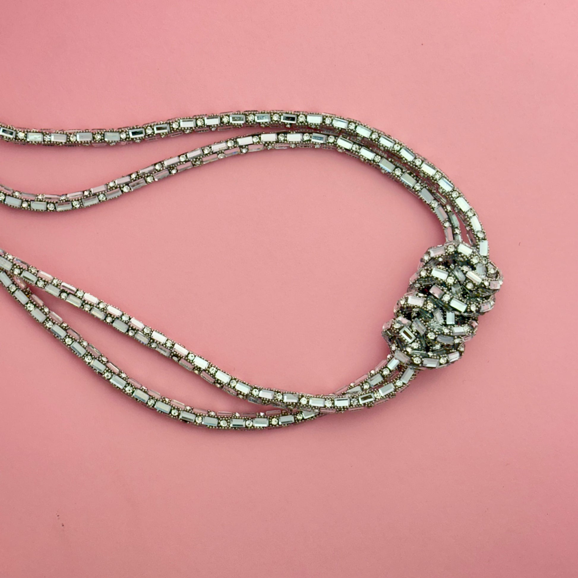 Shimmering Silver Tone Knotted Multi-Strand Choker Necklace