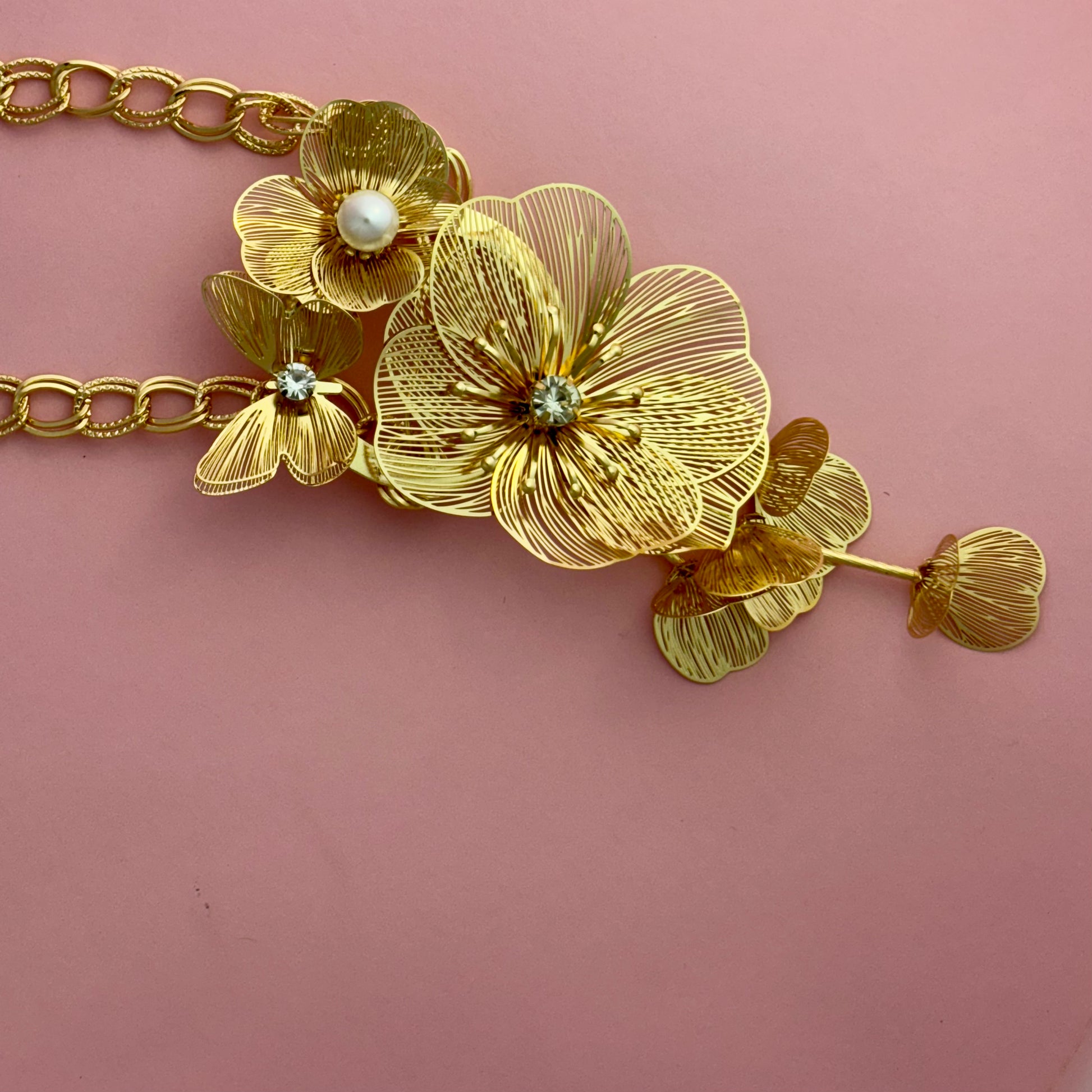 Cascading Golden Floral & Butterfly Statement Necklace