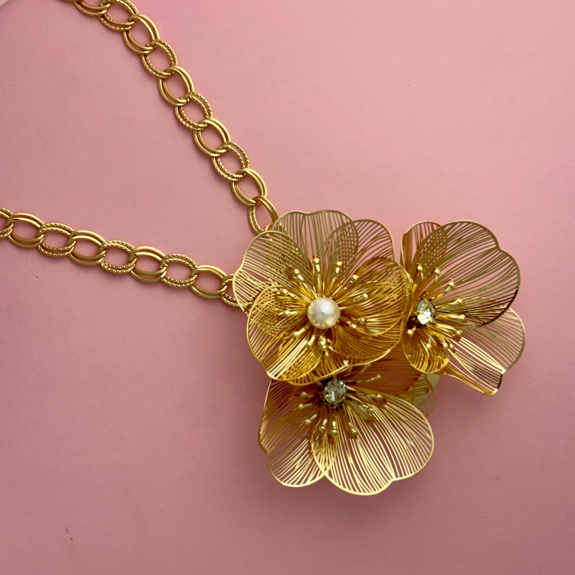 Grand Golden Bloom Statement Necklace with Pearl & Crystals