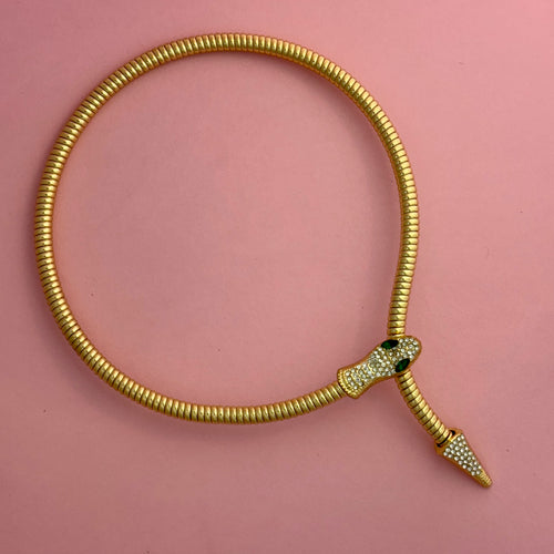 Golden Serpent Coil Choker Necklace with Emerald Eyes