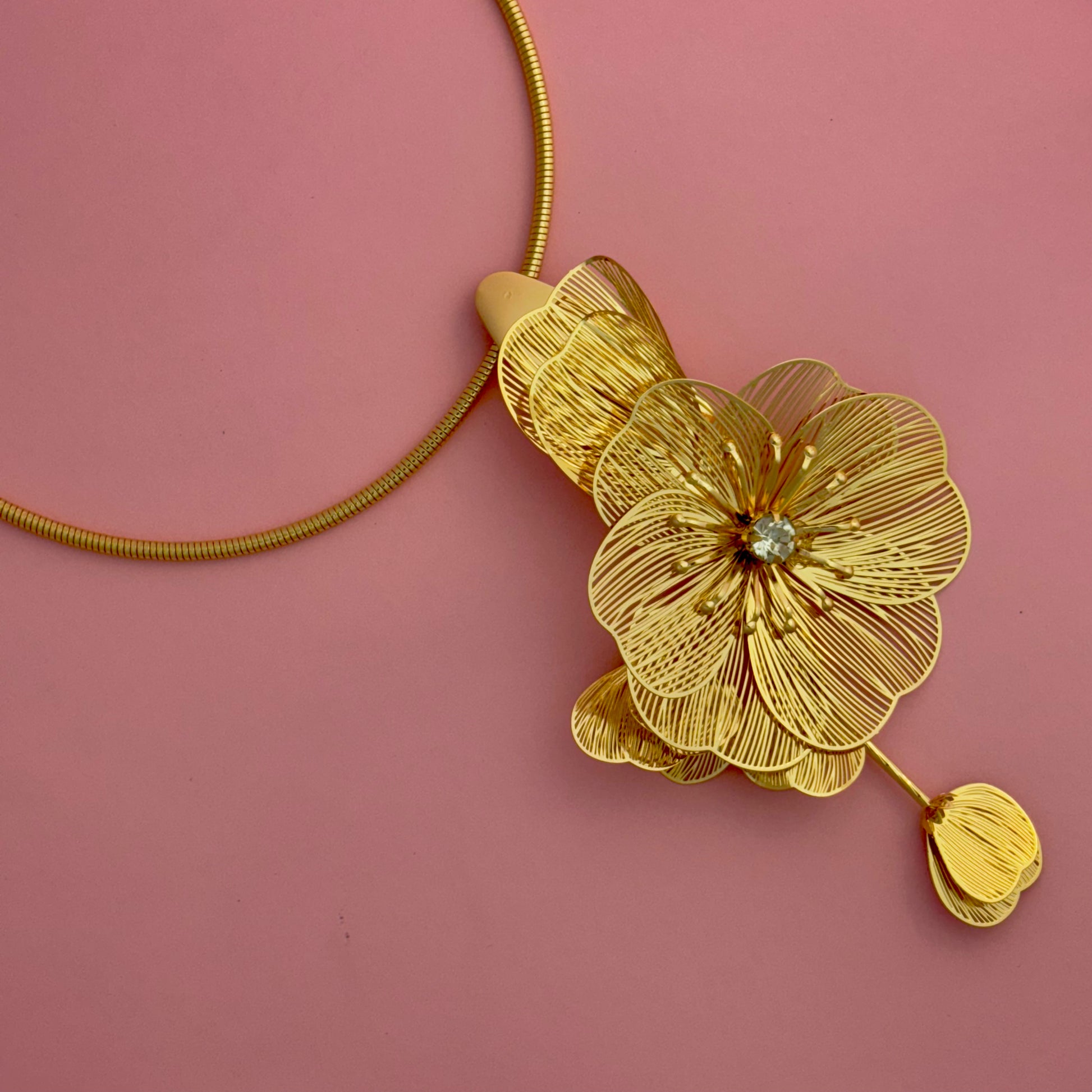 Statement Gold Tone Layered Floral Pendant Necklace