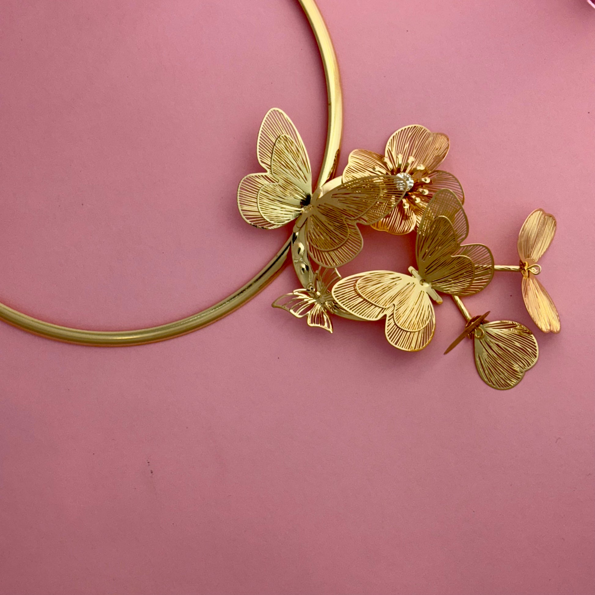 Whimsical Gold Tone Butterfly Choker Necklace