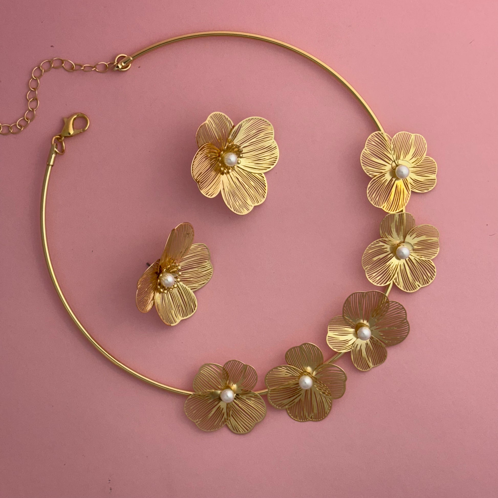 Golden Floral Choker Necklace with Pearl Accents