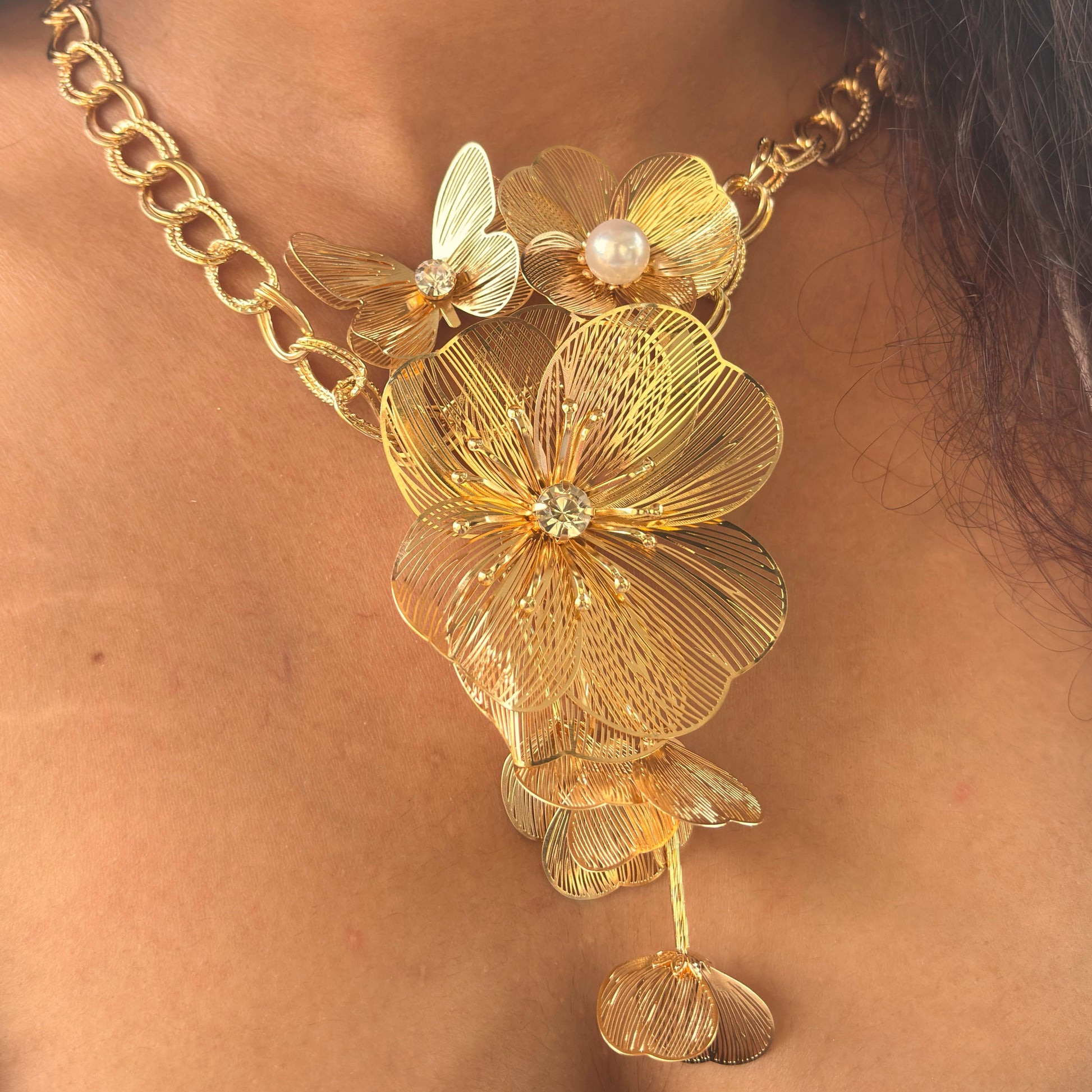 Cascading Golden Floral & Butterfly Statement Necklace