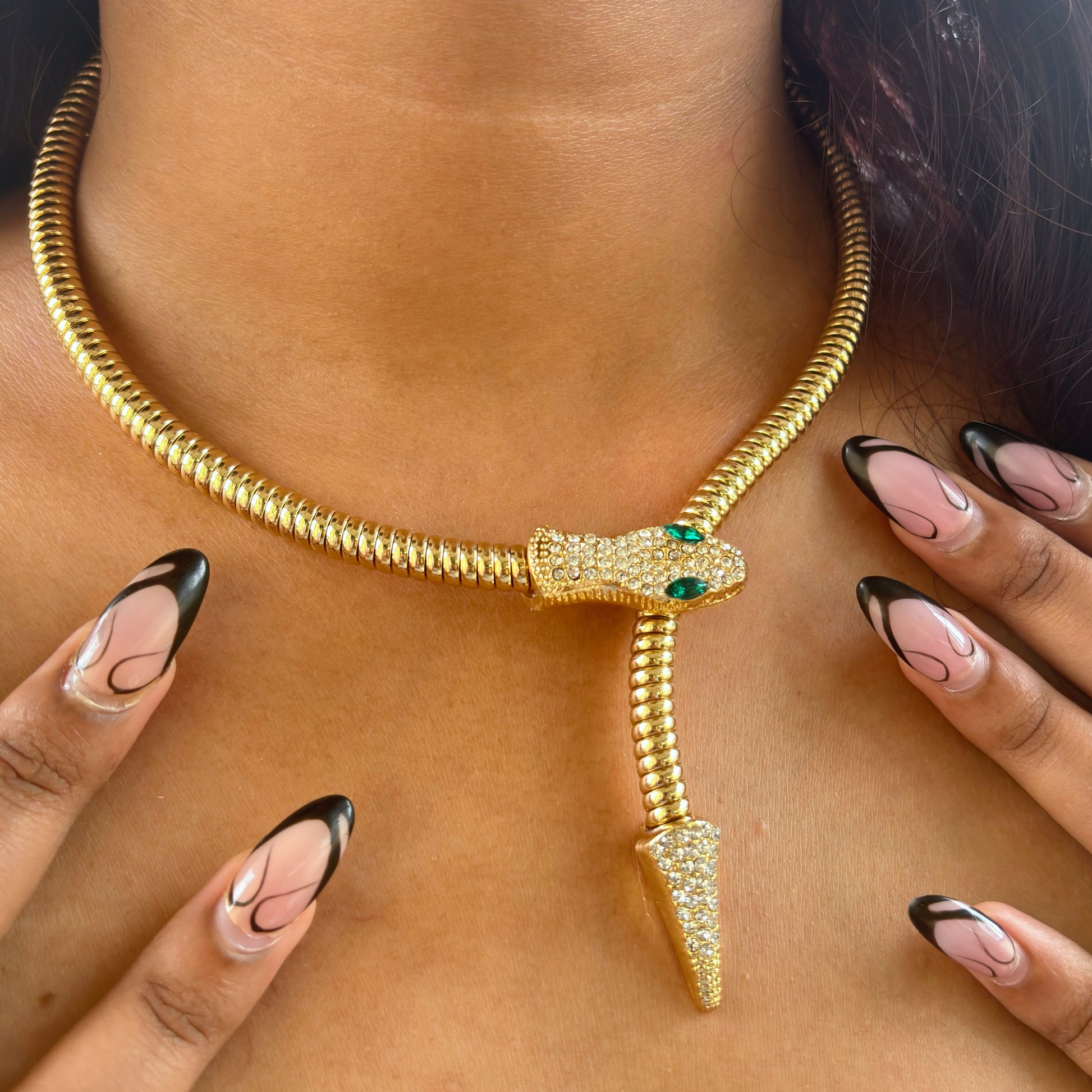 Golden Serpent Coil Choker Necklace with Emerald Eyes