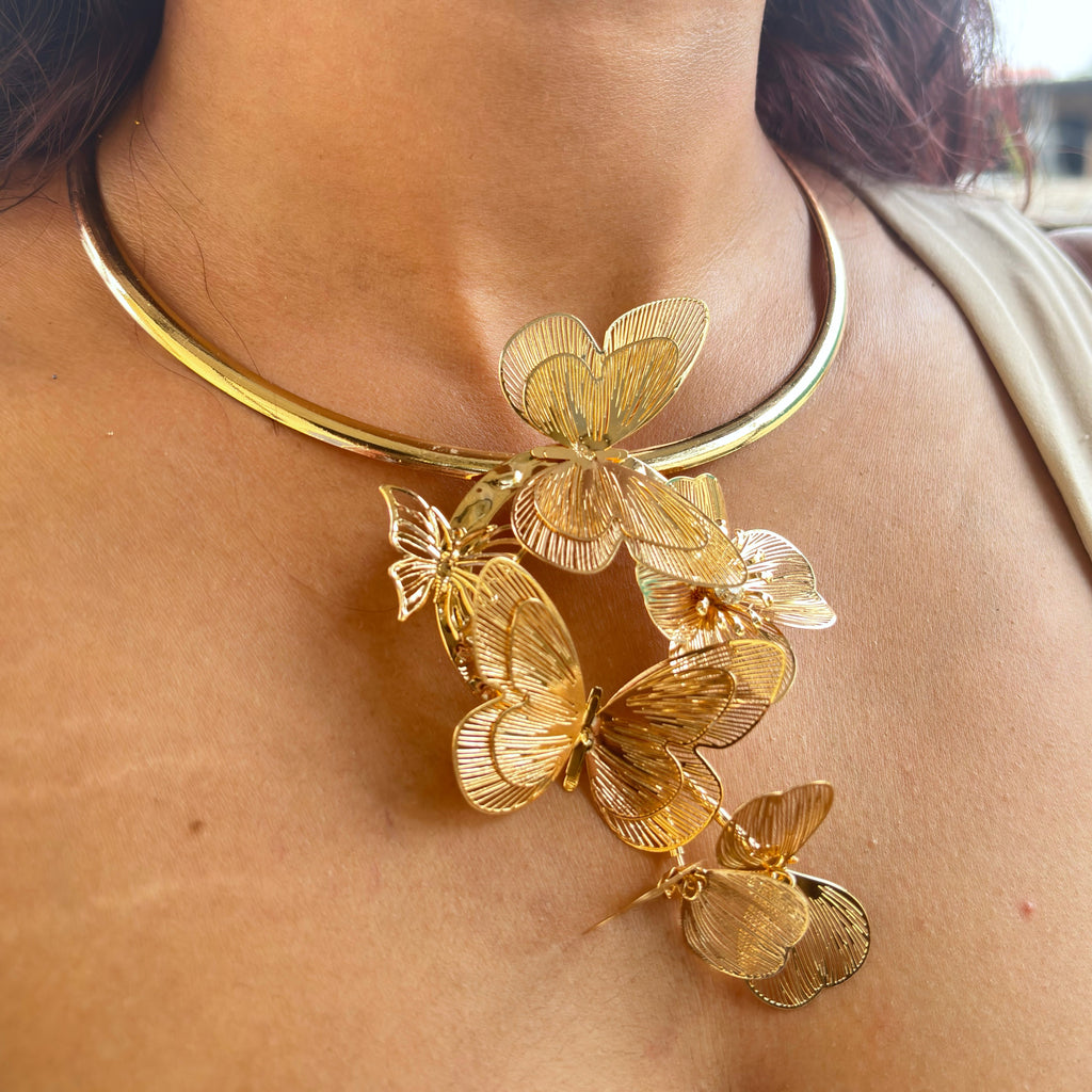 Whimsical Gold Tone Butterfly Choker Necklace