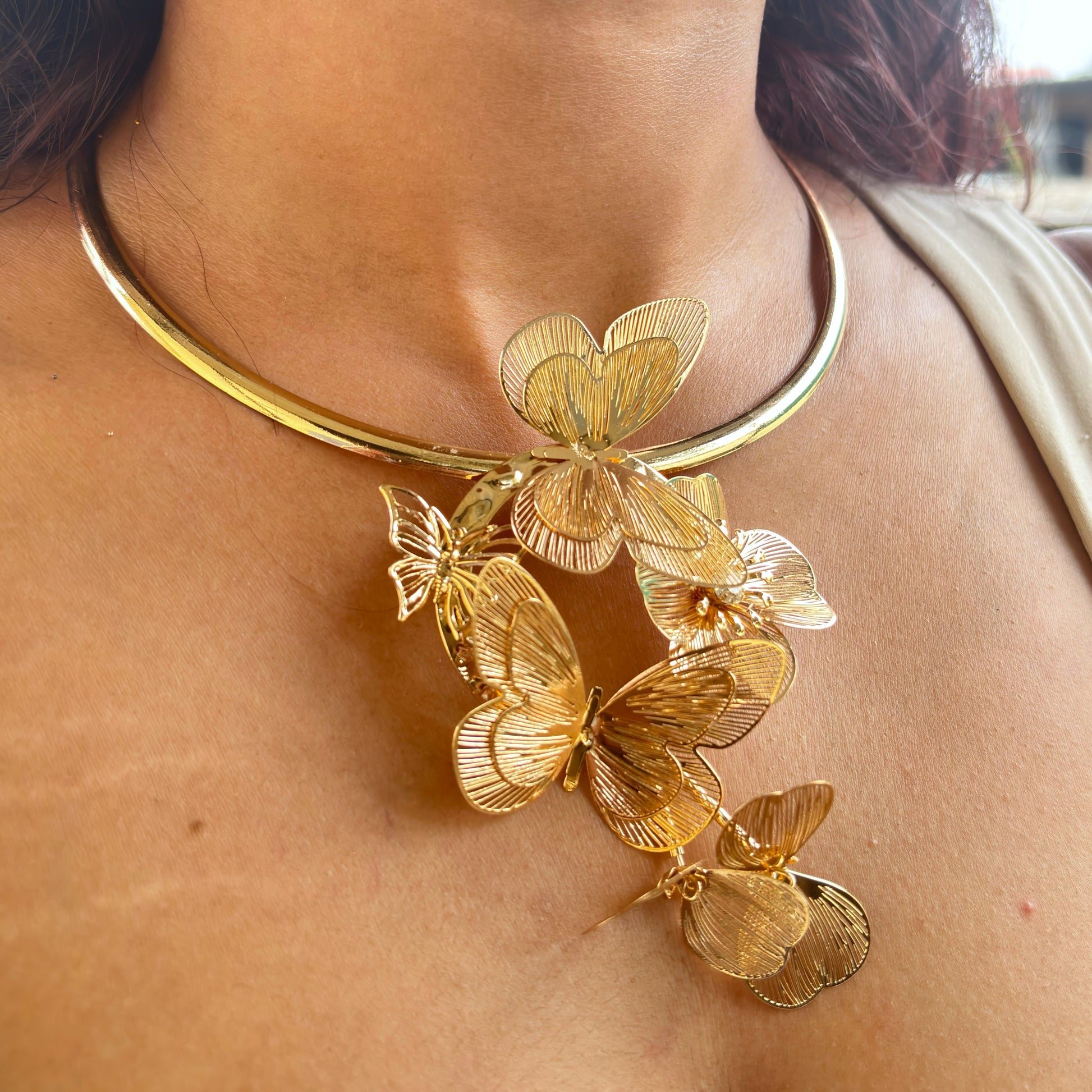 Whimsical Gold Tone Butterfly Choker Necklace